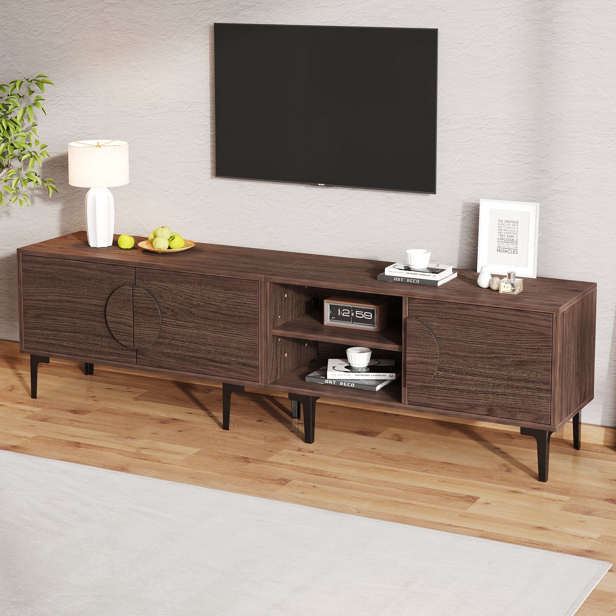 WUVRIE TV-meubel 180 x 35 x 49 cm - 3 deuren en 2 open vakken - Donker eiken Dark Oak