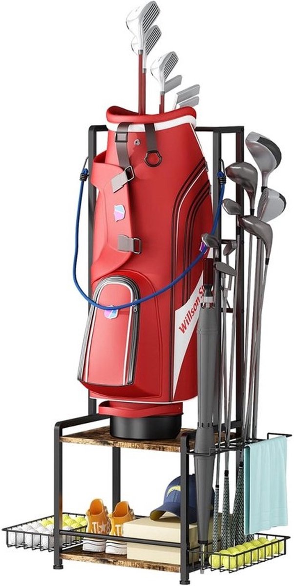 Golftas-organizer - sportuitrustingrek - sportspullen opbergen - twee lagen structuur - 124 cm hoog - rood hout