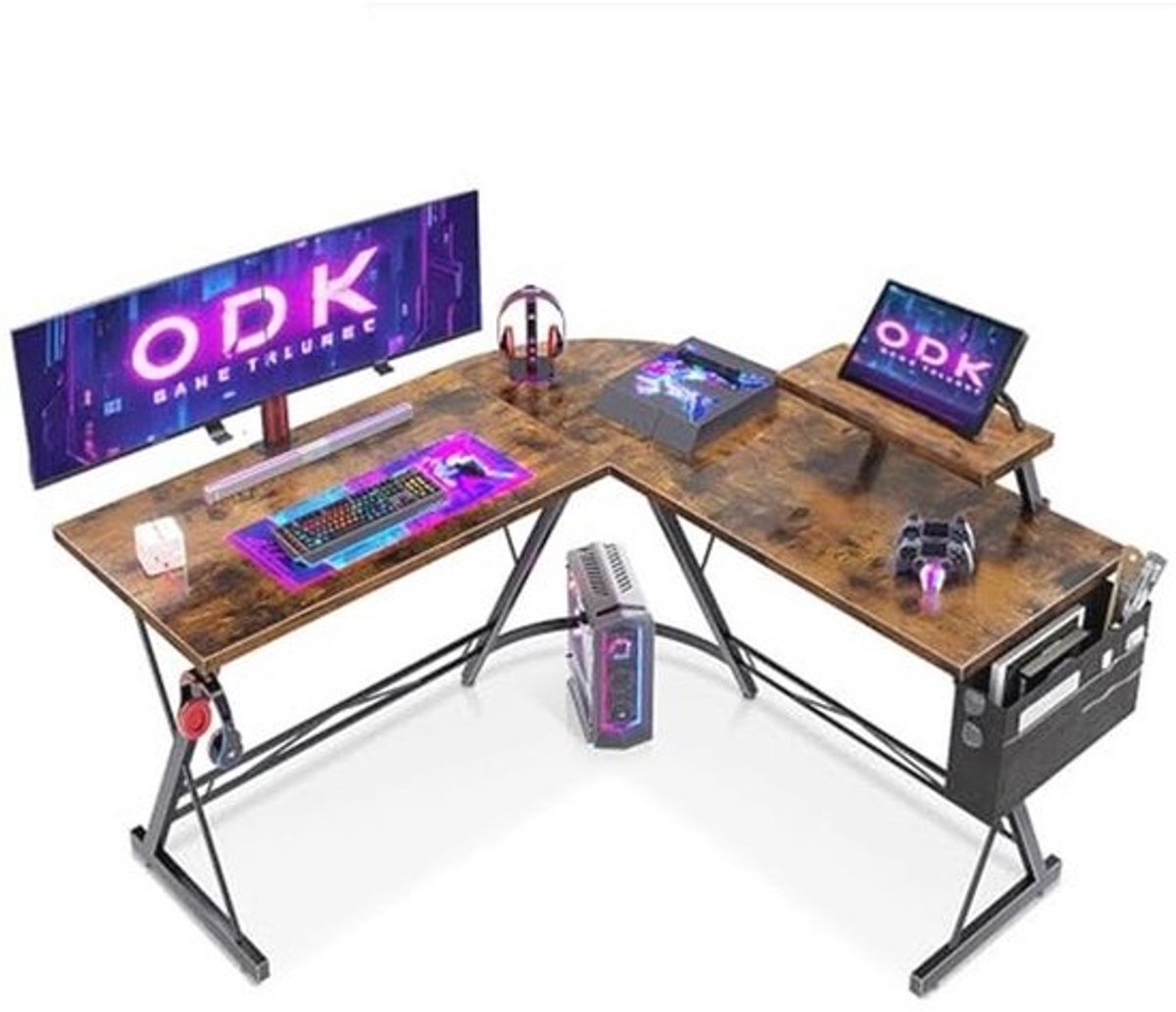 Hoekbureau L-vorm met monitorstandaard voor gamers - 127 x 127 cm - Bruin