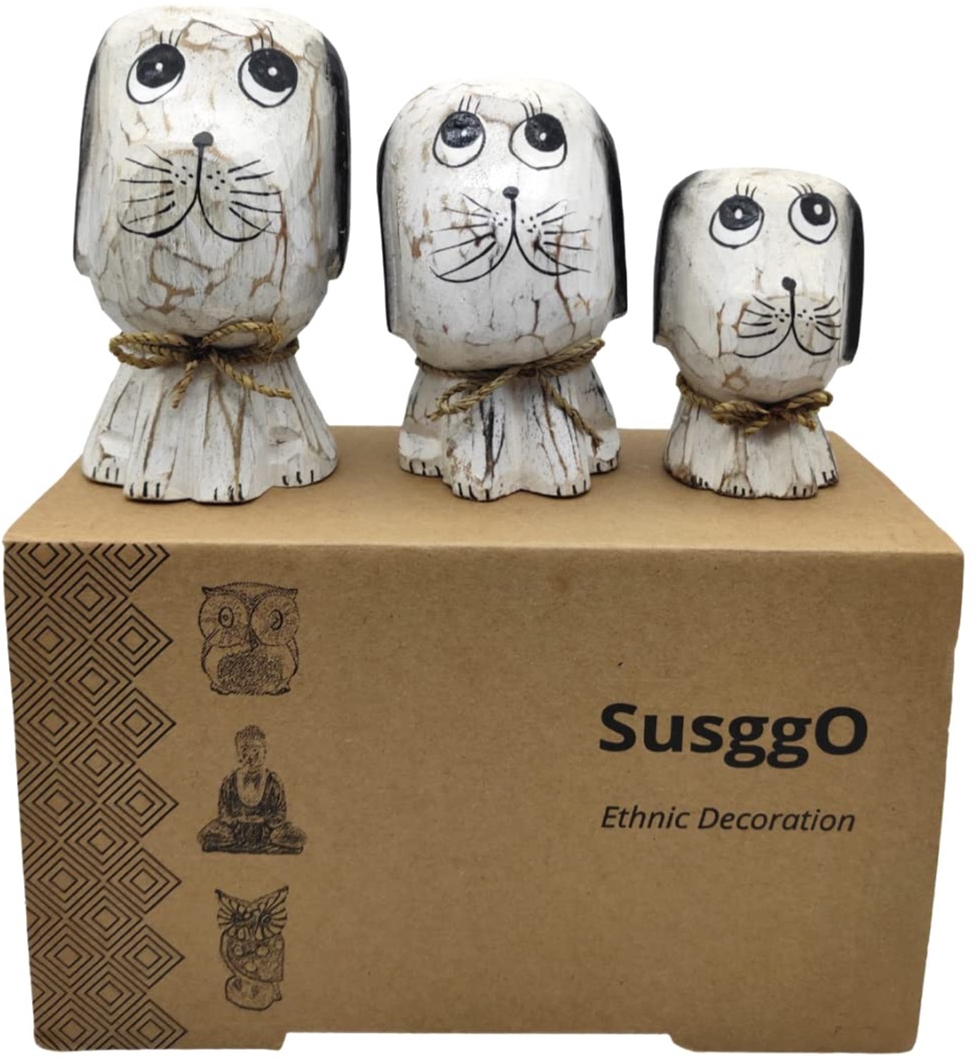 Houten hondenfiguren set - 3 stuks - decoratieve hond miniaturen - sfeervolle home decoratie - m-winkel