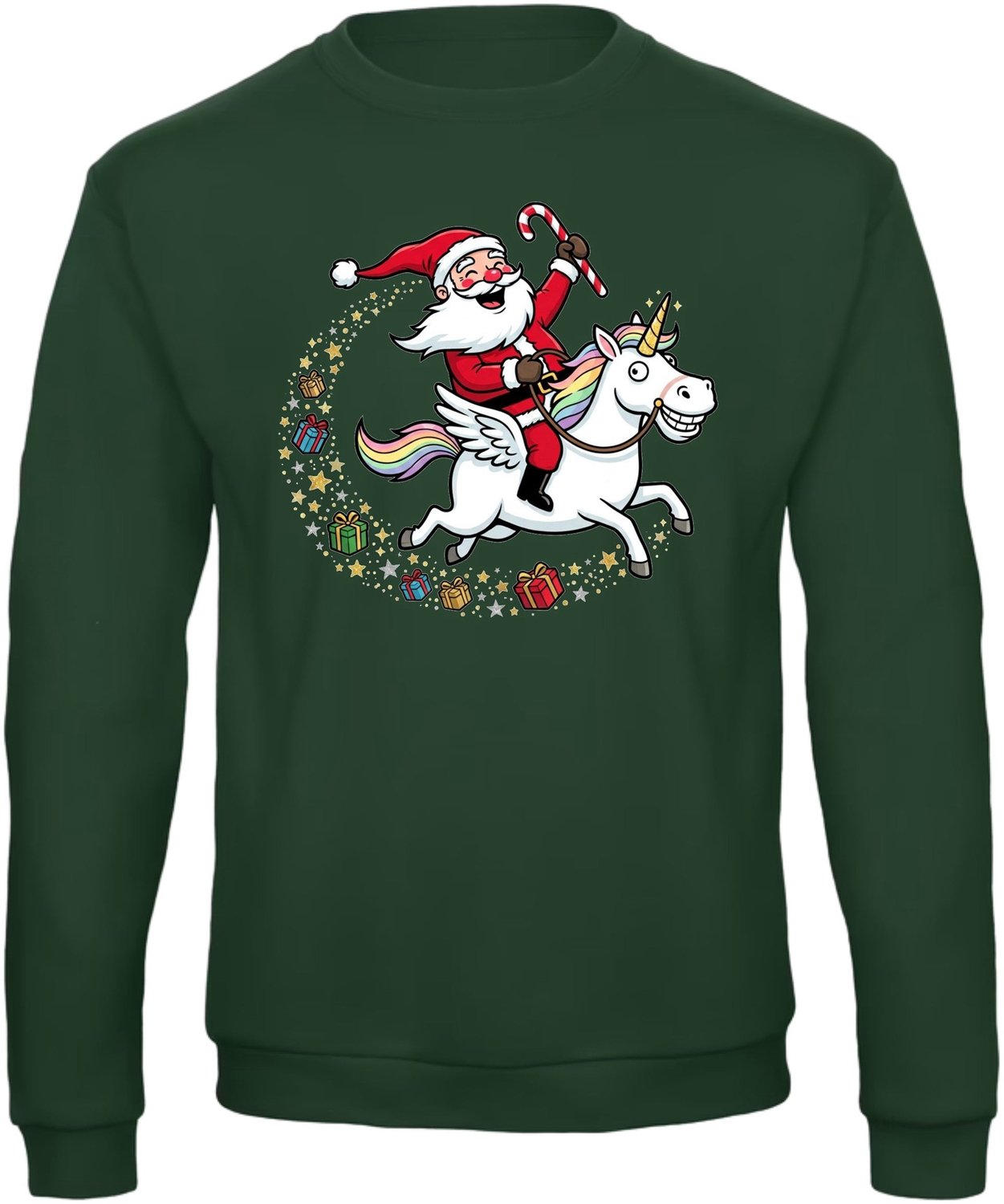Kerstman Op Eenhoorn Kersttrui - Dames Heren - Unicorn - Unisex - Kerst Cadeau - Grappig - Foute Kersttrui - Donkergroen - Maat M