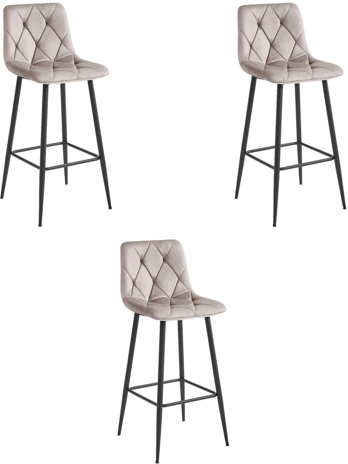 LEOBERT Set van 3 Barkrukken NADO – Donkerbeige Velvet / Fluweel – Gestoffeerde Barstoelen met Rugleuning en Voetsteun – Zwarte Metalen Poten – Modern Design – Voor Keukeneiland, Keuken, Bartafel en Thuisbar