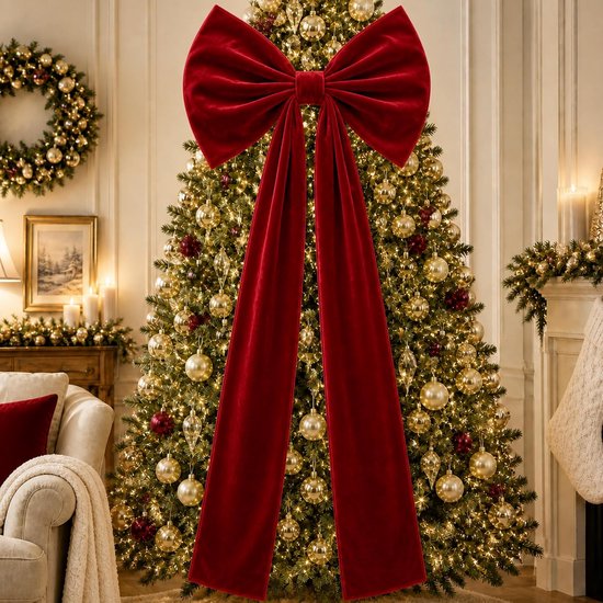 Grote dieprode fluwelen kerststrik met lange linten, bevestigd aan een kerstboom versierd met gouden ballen.