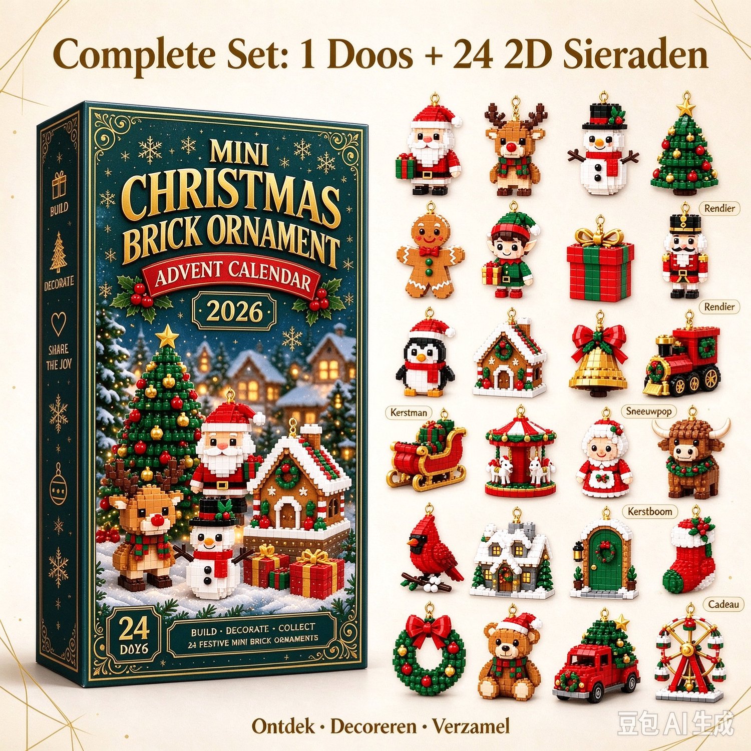 Cokar kerst bouwsteen ornament adventskalender 2026 - 24 stuks - meerkleurig - plastic materiaal - 3-4 cm platte hangornamenten - mini kerstfiguren ontwerp - kerstboom hangdecoratie - geschikt voor kerstfeest en interieur decoratie