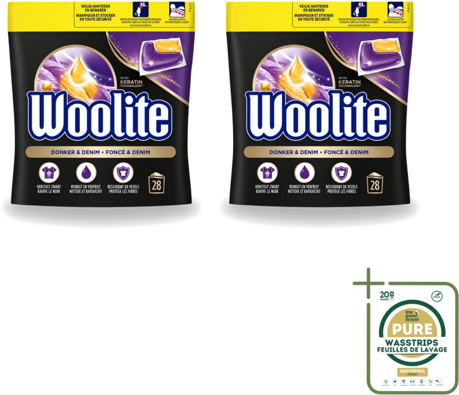 2 x Woolite Dark - Wasmiddelcapsules - Met Keratine - Donkere & Denim Was - 28 Wasbeurten - Wasstrips - Donker Wasmiddel - Denim Wasmiddel - Keratine Wasmiddel - Donkere Kleuren Behouden - Wasmiddel Voor Donker Kleding