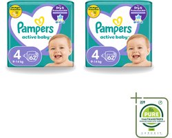 2 x Pampers – Luiers – Active Baby Maat 4 (9-14 kg) – 62 Luiers - Grootverpakking - Vaatwasstrips - Luiers Voor Baby - Droge Luiers - Actieve Baby - Superabsorberende Luiers - Anti-lek Luiers