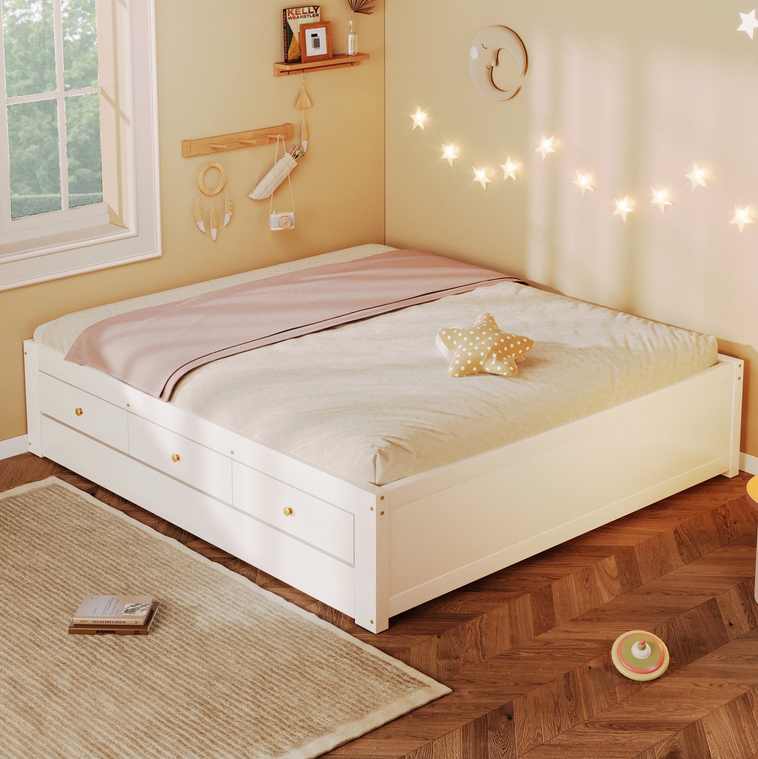 FloraGrace Bed 140x200 cm - Met 3 Lades en Uitschuifbaar Logeerbed - Zonder Matras - Hout en MDF - Voor Slaapkamer - Wit