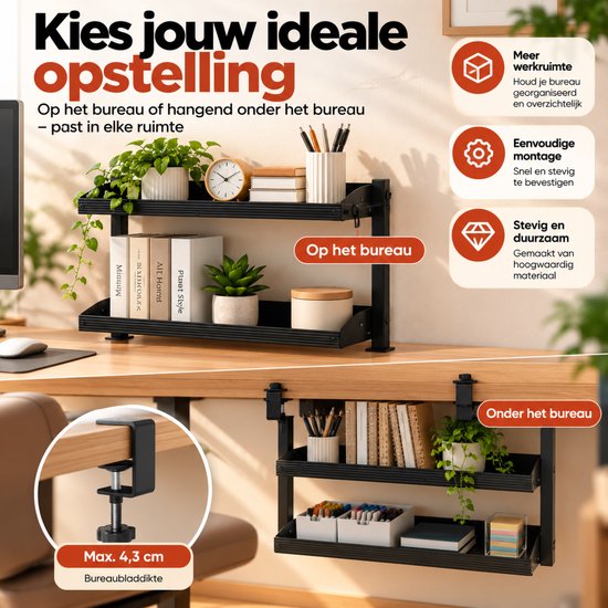 Zwart opbergrek, inzetbaar op het bureau of hangend eronder met bureauklemmen.