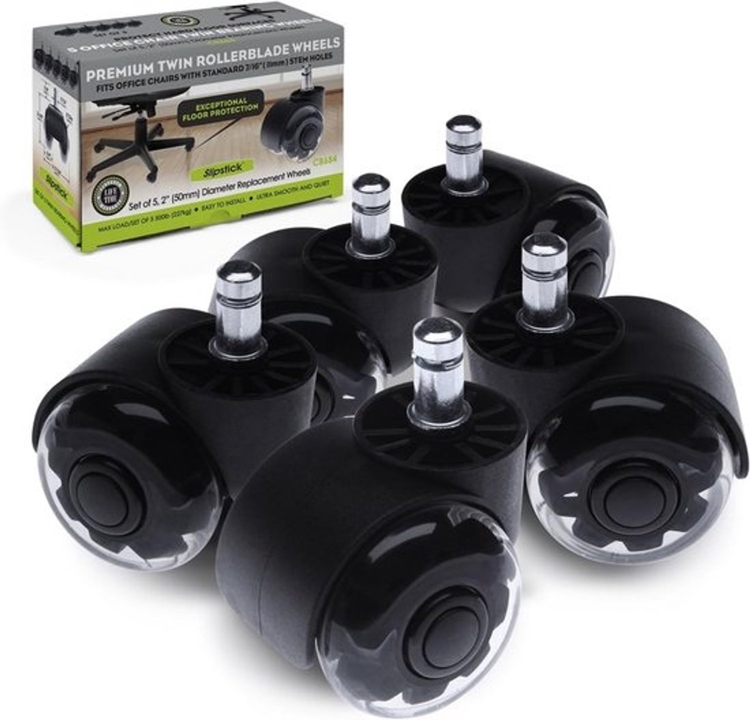 Set van 5 Rubberen Bureaustoelwielen - 2 Inch - Rollerbladermodel, voor Harde Vloeren en Tapijt