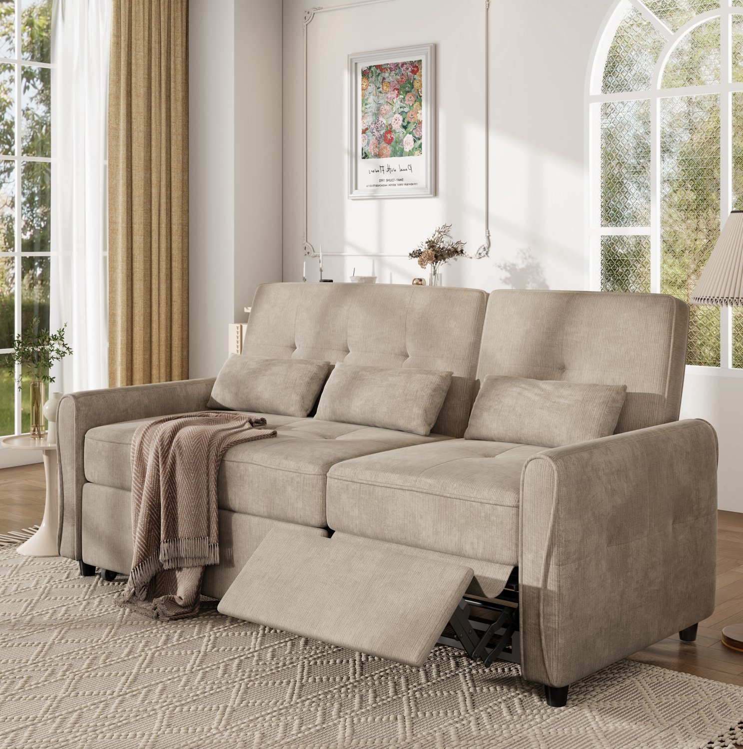 MODENUIT Slaapbank - Uitschuifbaar Met Drie Rugstanden - Woonkamer - Chenille Bruin - 176x148x83 Cm Beige
