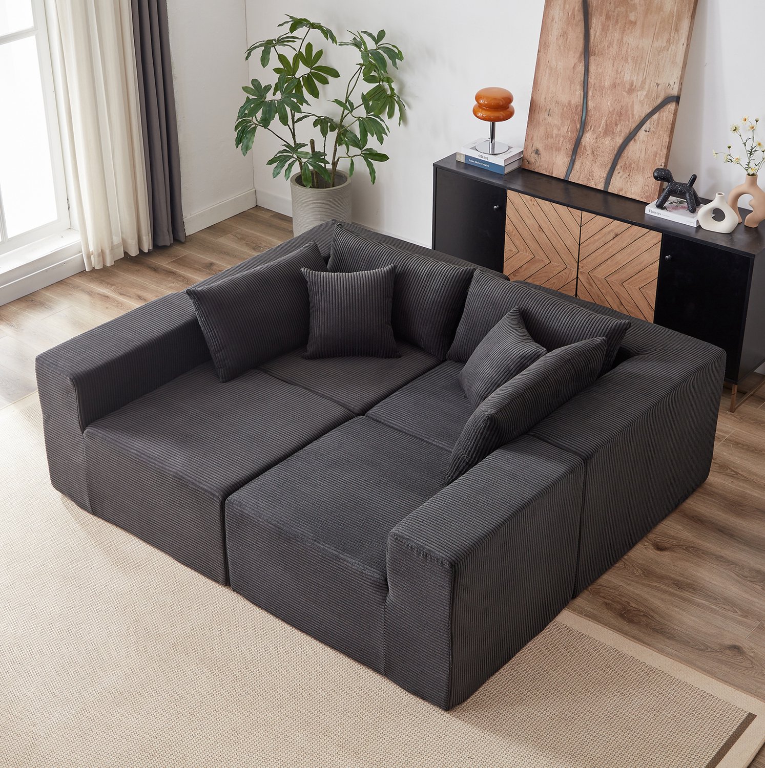 MODENUIT Hoekbank - Modulaire L-Vorm Met Ribfluwelen Bekleding - 4-Zits Woonkamer - Zwart - 264x167x71 Cm