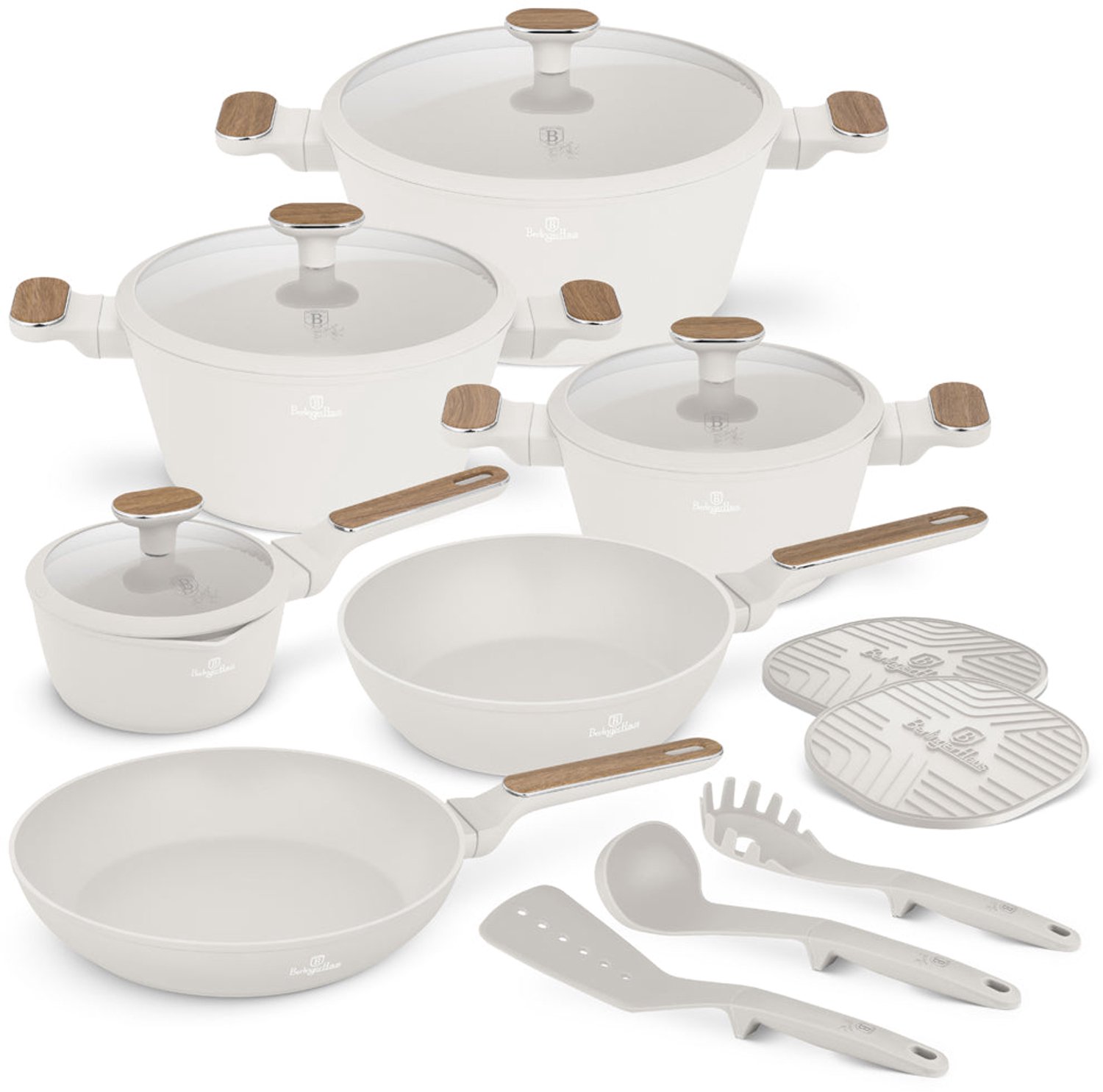 Berlinger Haus Pannenset Nordic Mat Crème 11-Delig - Kookpan ø 20, 24, 28 cm, Koekenpan ø 24, 28 cm & Steelpan ø 16 cm - geschikt voor alle warmtebronnen