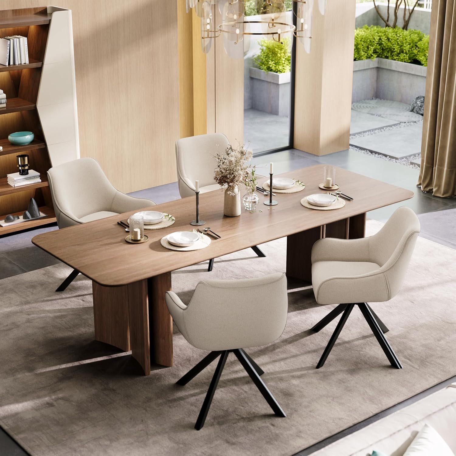 Luna 360° Draaistoelen Set van 6 – Linnen Eetkamerstoelen met Armleuningen, 360° Rotatie, Ergonomische Rugleuning, Verend & Zacht Zitvlak, Zwarte Metalen Poten, Beige