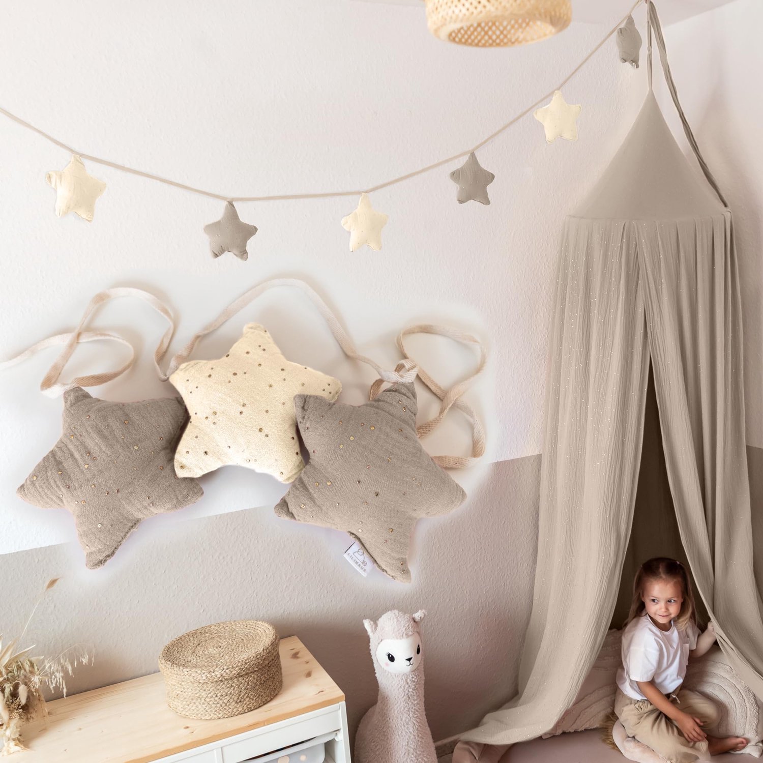 LILIMAUS Sterren slinger kinderkamer met gouden details - stoffen slinger van mousseline katoen - 300 cm - crème en lichtbeige