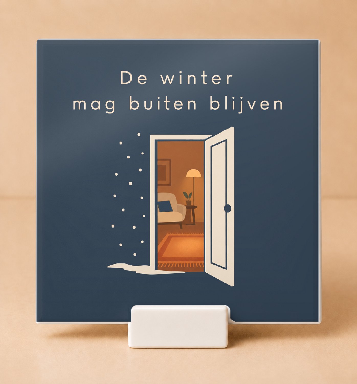 Bedruk King Sfeervolle Winterse gloed in huis Tegel – Minimalistische one-line art decoratie voor eigentijdse woonkamers - 15 x 15 cm met houder Wit