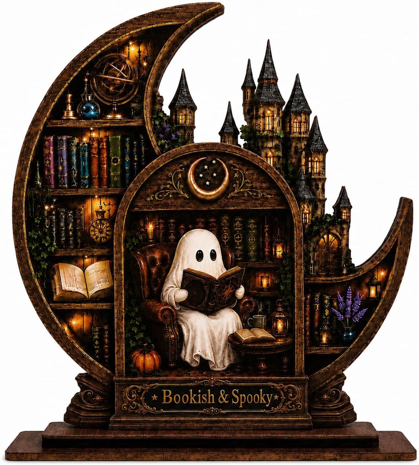 Halloween decoratie, schattig‑griezelig boekenkast decor met lezende spookjes | Houten spookje decor voor boekenkast - gezellige bibliotheek decor - origineel cadeau voor boekenliefhebbers vrouwen - 6,9x6,7 inch
