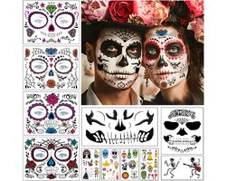 11 vellen gezichtstattoo carnaval, Dia De Los Muertos, Dag van de Doden Tatoeages, Doodshoofd, Gezicht Tattoo Carnaval Make-up Vrouwen Mannen Volwassenen Kinderen, Stickers voor Carnaval Maskerade