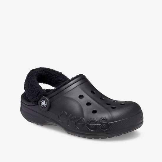 Zwart gevoerde Crocs klomp met draaibare band.