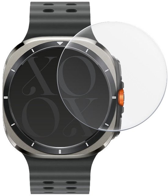Smartwatch met zwarte horlogeband en een transparante glazen screenprotector die eroverheen zweeft.