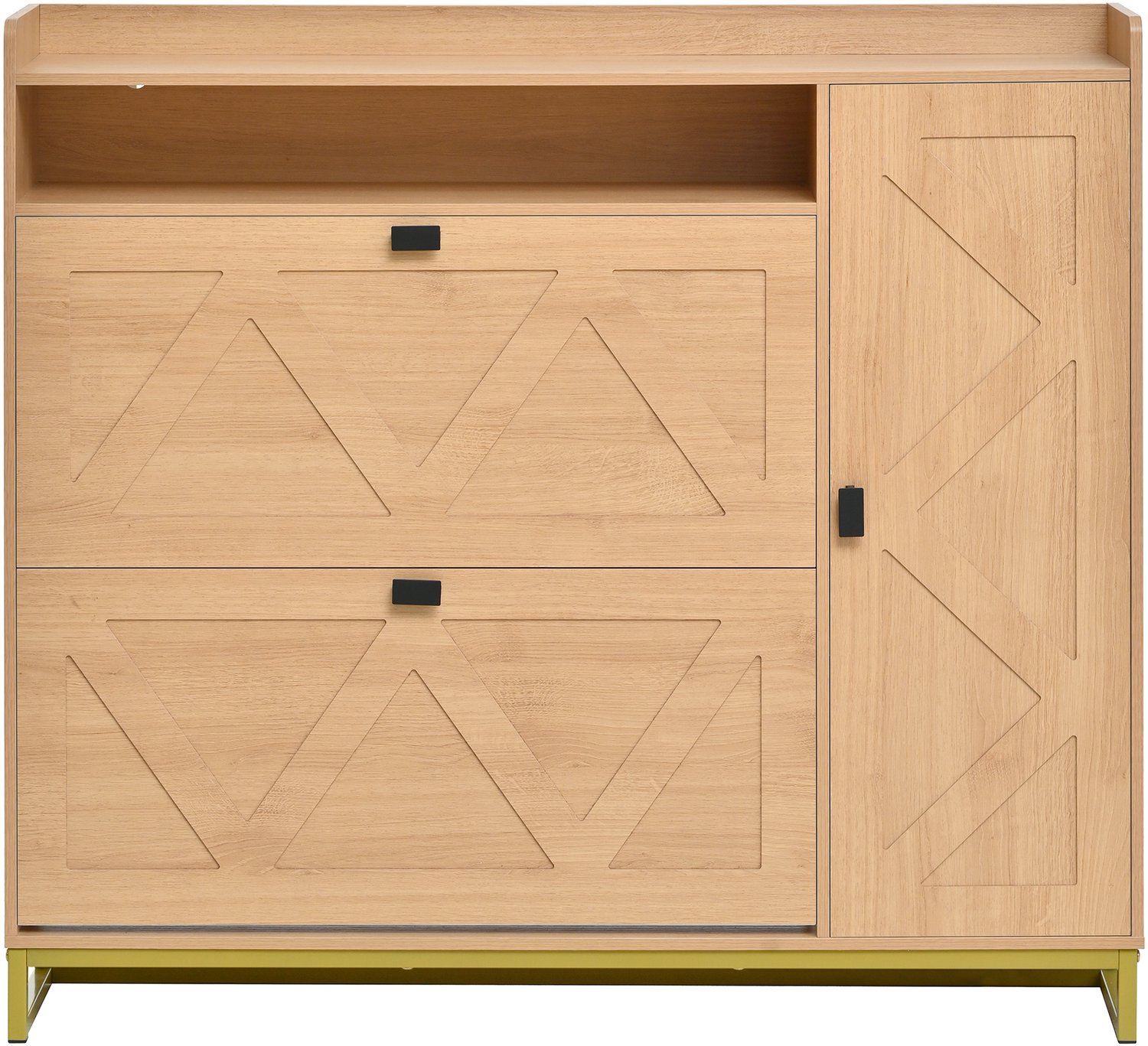 SONNENH Schoenenkast - Natuurlijke houtlook met geometrisch reliëf - 2 kleppen, zijdeur en open vak - 110 x 24 x 100 cm