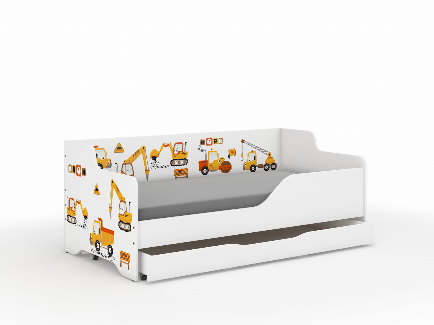 Wooden Toys Lilu - Kinderbed - 160 x 80 cm - Bouwplaatsprint - Inclusief Matras en Lade Meerkleurig