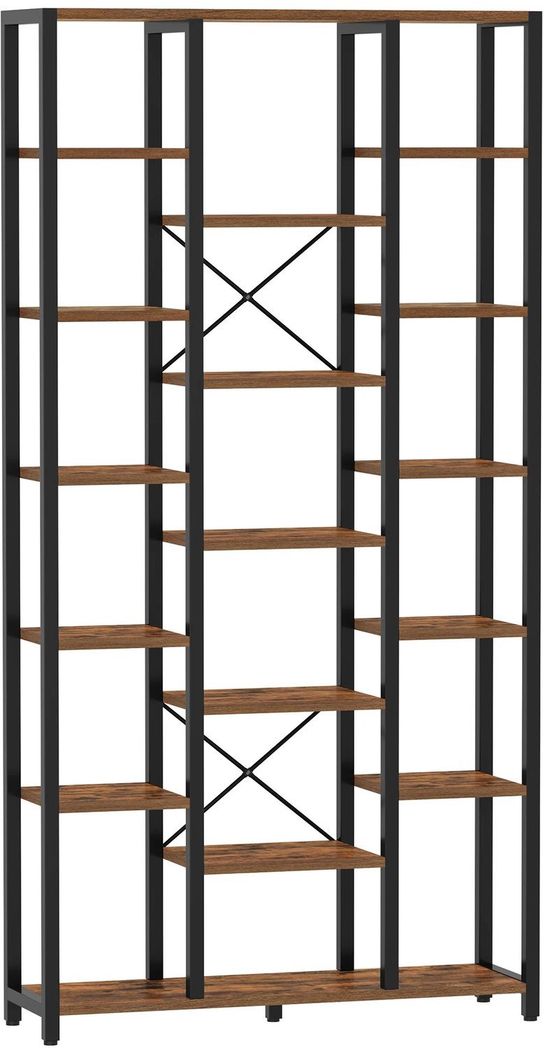 Prime Home Boekenkast - Vitrine kast - Boekenrek - Opbergplank - 6 lagen - 18 planken - Verstelbare open planken - Hout - 100 x 30 x 202cm - Vintage Bruin-zwart