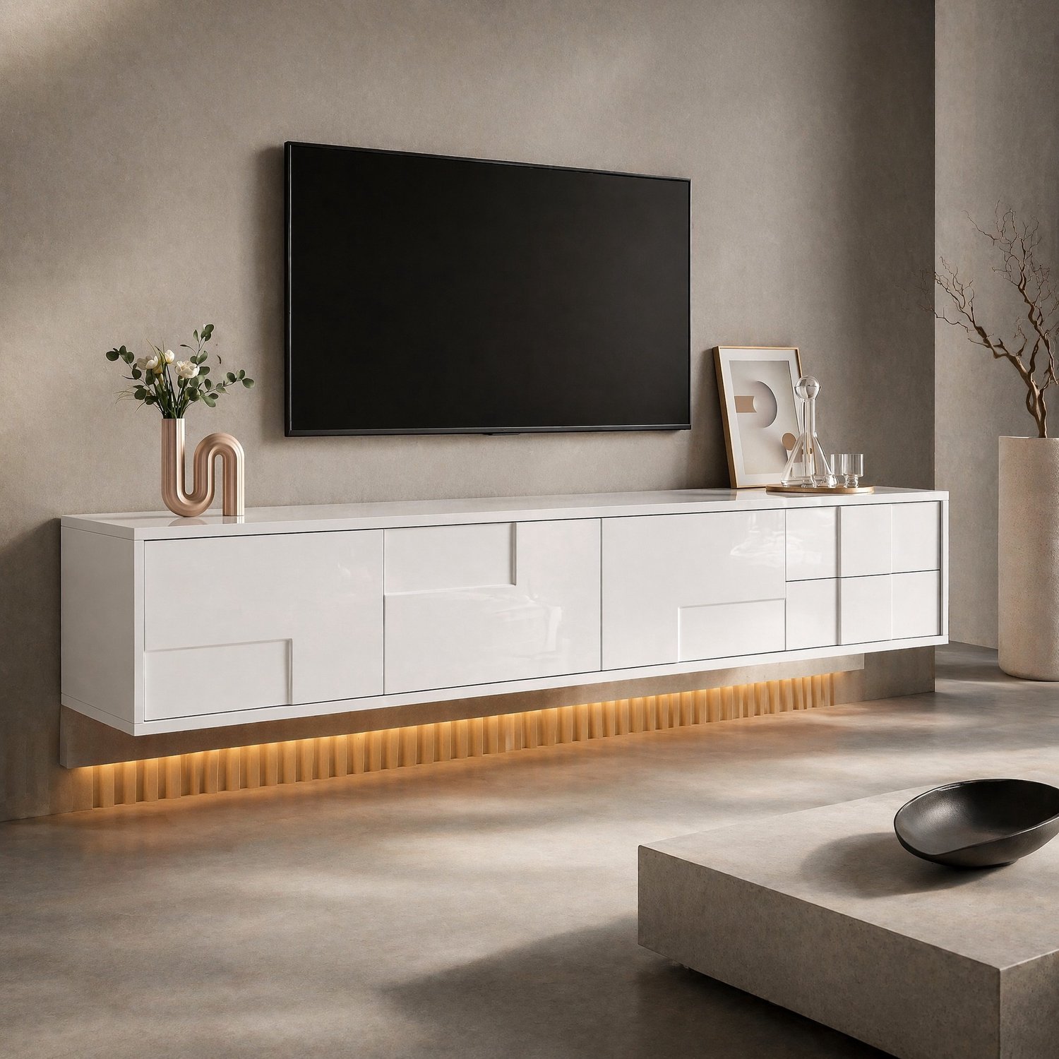 CHICFURN TV-meubel - 3 deuren en 2 lades - opbergruimte - greeploos - wit