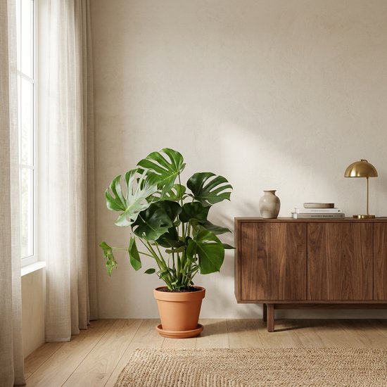 Monstera in een terracotta pot voor een dressoir van donker hout met een tafellamp in een licht interieur.