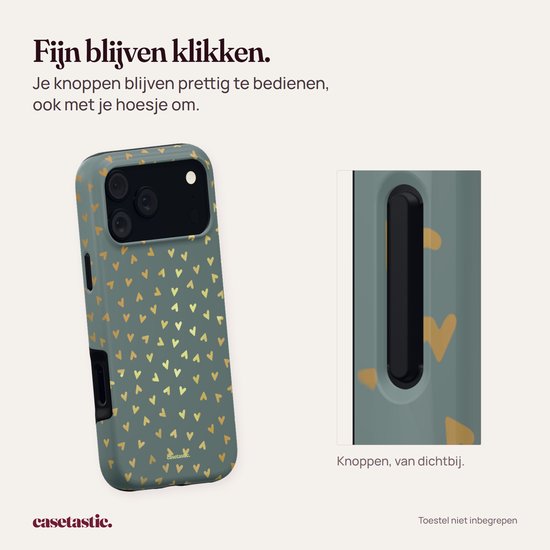 Saliegroen hoesje met gouden hartjes, inclusief uitvergroting van de zwarte knoppen aan de zijkant.