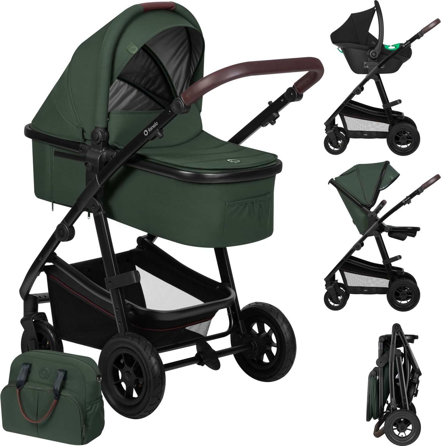 Lionelo Amber Kinderwagen 3 in 1 – Reiswieg + Wandelwagen + Astrid i-Size Lite Autostoel – Vanaf Geboorte tot 4 Jaar / 22 kg – Luchtbanden – Volledige Vering – Omkeerbare Kuipzitting – XXL Zonnekap UPF50+ – Verstelbare Duwstang – Accessoireset