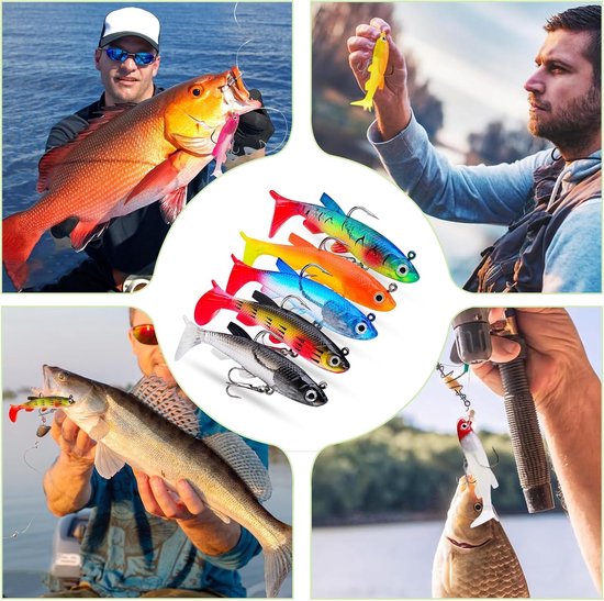 12 stuks - Kunstaas - Visaas - Softbait - Rubberen vis - Shads - Crankbaits - Blinkers spinner set - Jerkbaits - met drie haken - T-staart - Vis spullen -Pluggen - Roofvis accessoires - vissen op snoek en baars - 8 cm — afbeelding 5