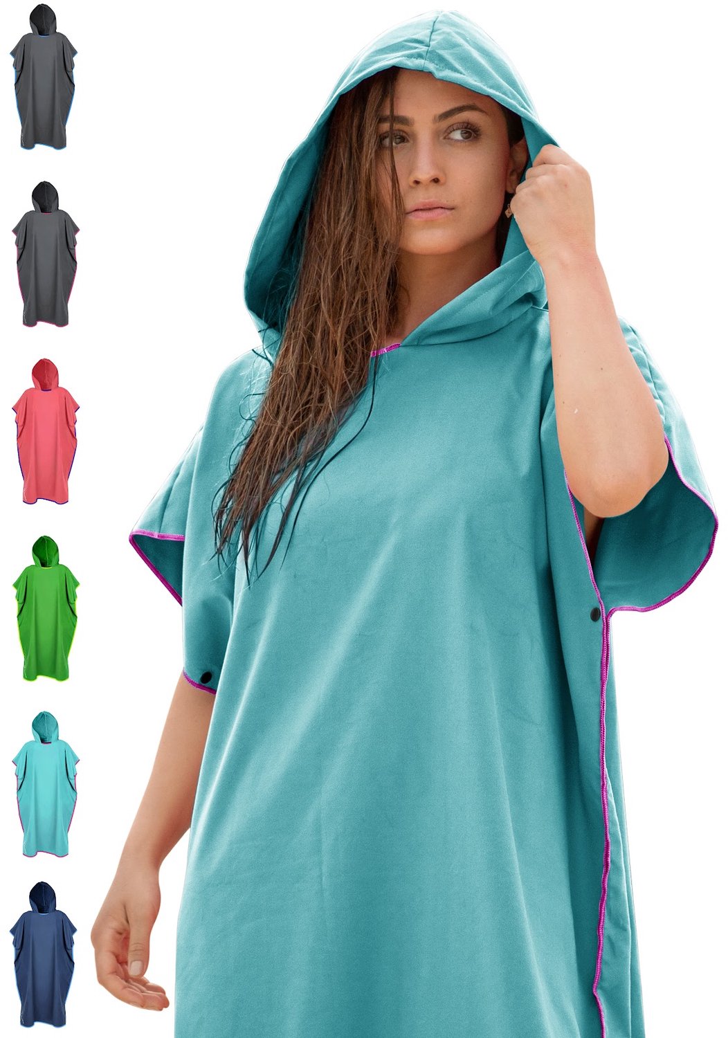 NirvanaShape - Handdoekponcho - Badjas en omkleeddoek - Pluisvrije en sterk absorberende microvezel - Uniseks loose-fit met capuchon - 117 x 85 cm - Turkoois / Roze Rand