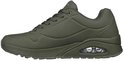 Vue latérale de la basket Skechers Uno olive avec amorti à air et design profilé.