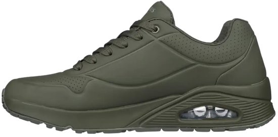 Vue latérale de la basket Skechers Uno olive avec amorti à air et design profilé.