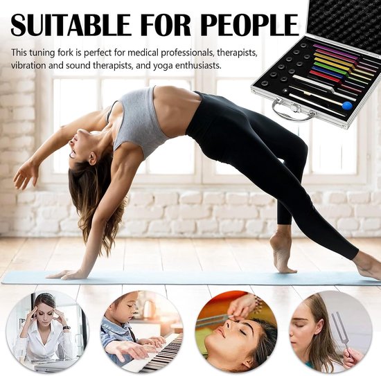 Stemvork, set van 10 stemvorken, reflexhamer, therapeutische stemvork, neurologie 174, 285, 396, 417, 528, 639, 741, 852, 963, 432 Hz, met sokkel, 2 siliconen hamers, reinigingsdoek voor van Merkloos — afbeelding 2