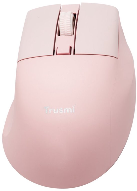 Roze draadloze Trusmi muis, vooraanzicht met centraal scrolwiel.
