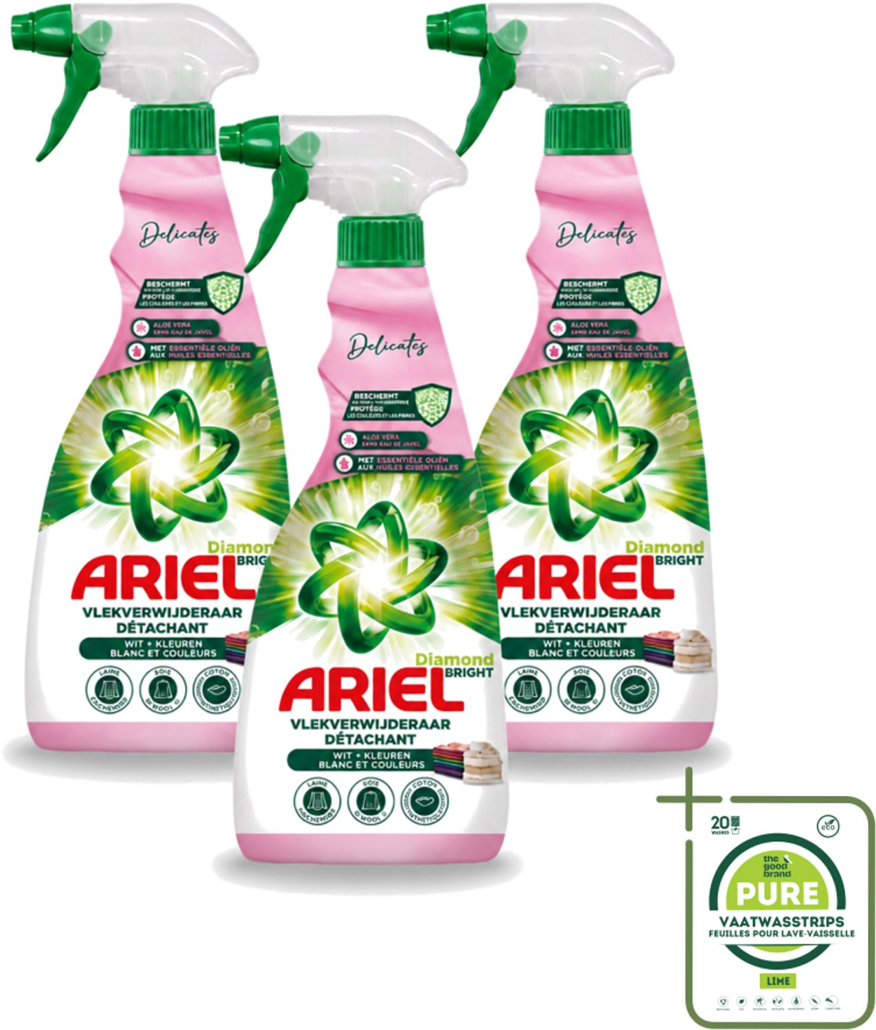 3 x Ariel - Vlekkenverwijderaar - Delicate & Wool Spray - 750 ml - Grootverpakking - Vaatwasstrips - Vlekken Verwijderen - Delicate Stoffen Reinigen - Babykleding Reinigen - Wol Reinigen - Zijde Reinigen
