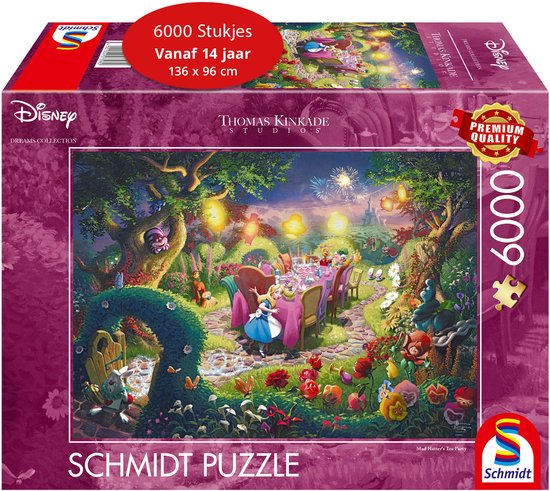Doos van een 6000-stukjes Disney Mad Hatter's Tea Party puzzel door Thomas Kinkade Studios.