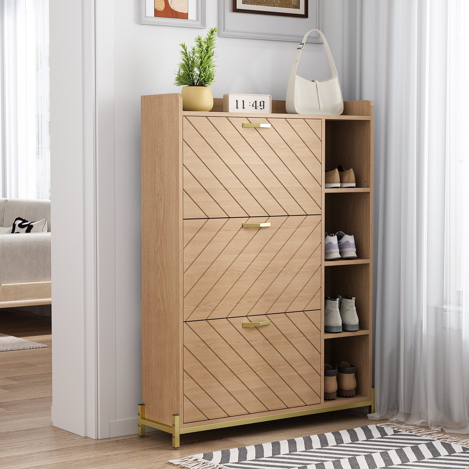CHICFURN Schoenenkast - 3 kleppen - Soft-close - open zijvakken - naturel