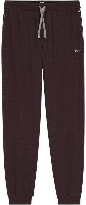 Bruine BOSS-joggingbroek met elastische tailleband, lichtgrijs trekkoord en wit BOSS-logo.