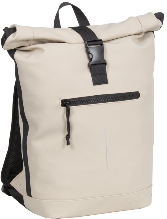 Beige rolltop rugzak met voorvak met rits en een subtiele reflecterende strip.