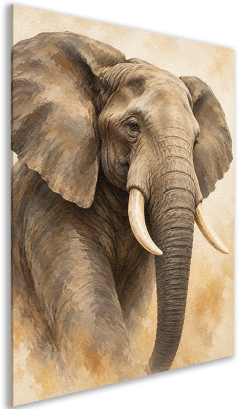 Close-up aanzicht van een canvas schilderij met een beige olifant.