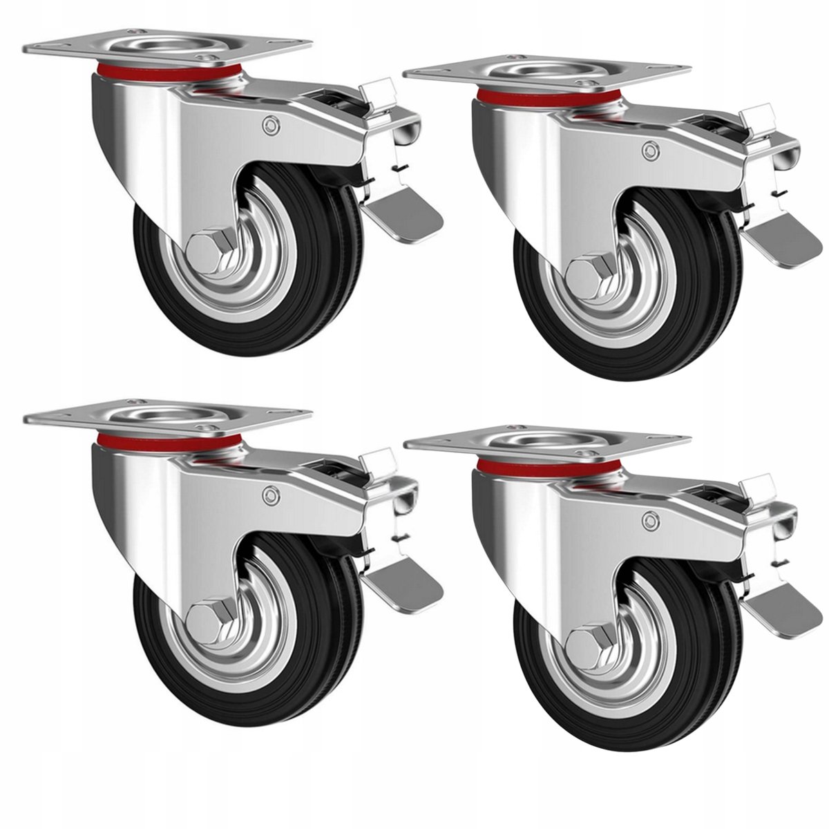 4x Zwenkwielen met Rem 75mm Rubber Metaal - Draaibaar