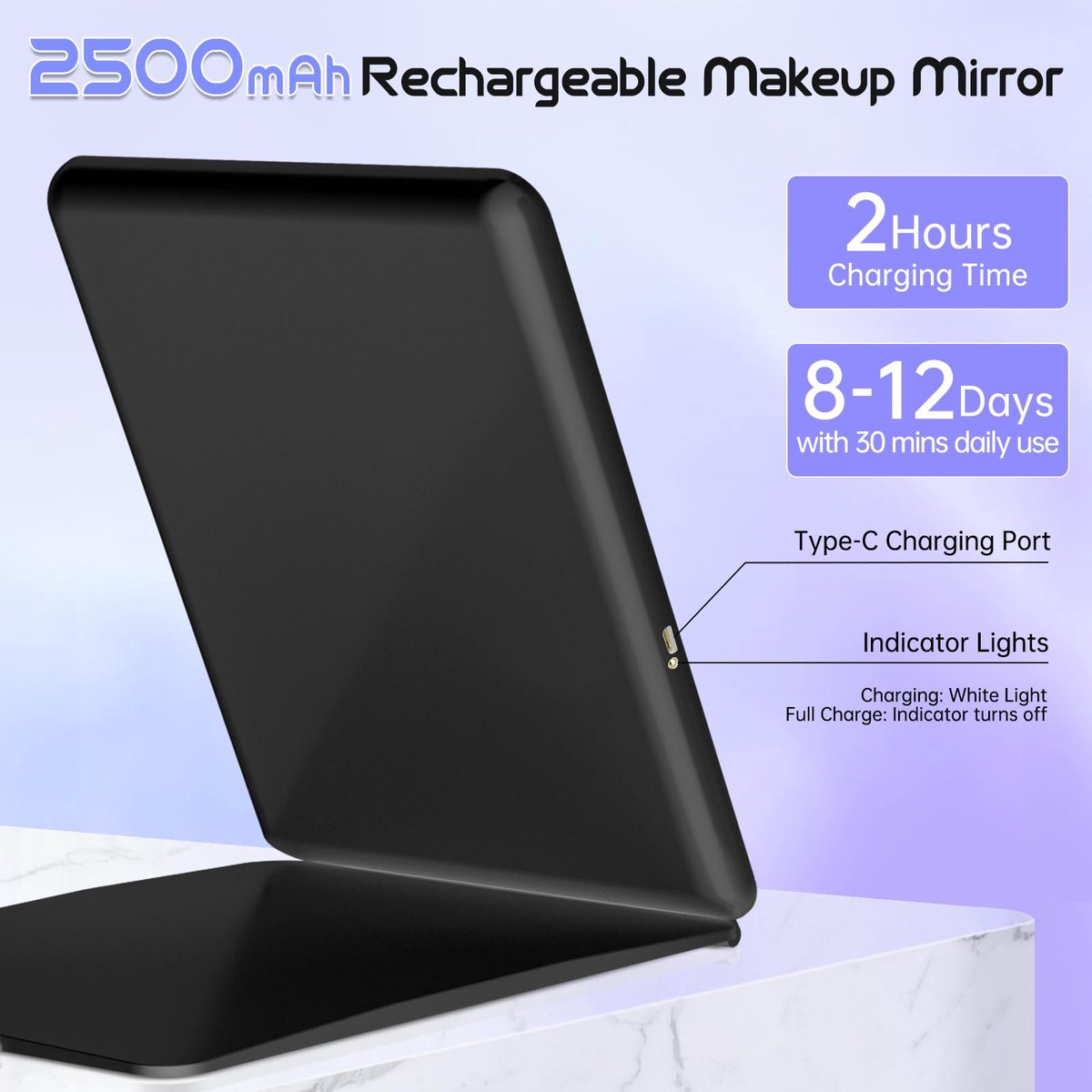 FUNTOUCH Opvouwbare Travel Make-up Spiegel met Lichten, Oplaadbare 1800mA Draagbare Verlichte Make-up Vanity Spiegels - ShopVlot