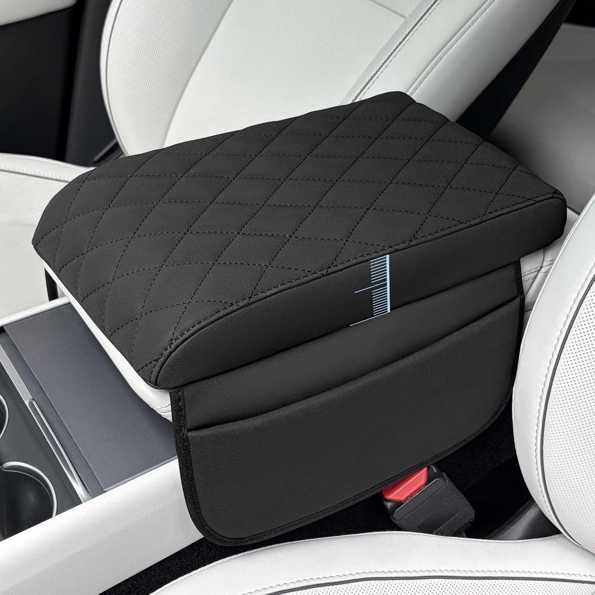 Armsteunhoes voor Tesla Model 3 en Model Y, Matte Leren Bescherming met Zakken, 4.5cm Gevoerde Console Bescherming