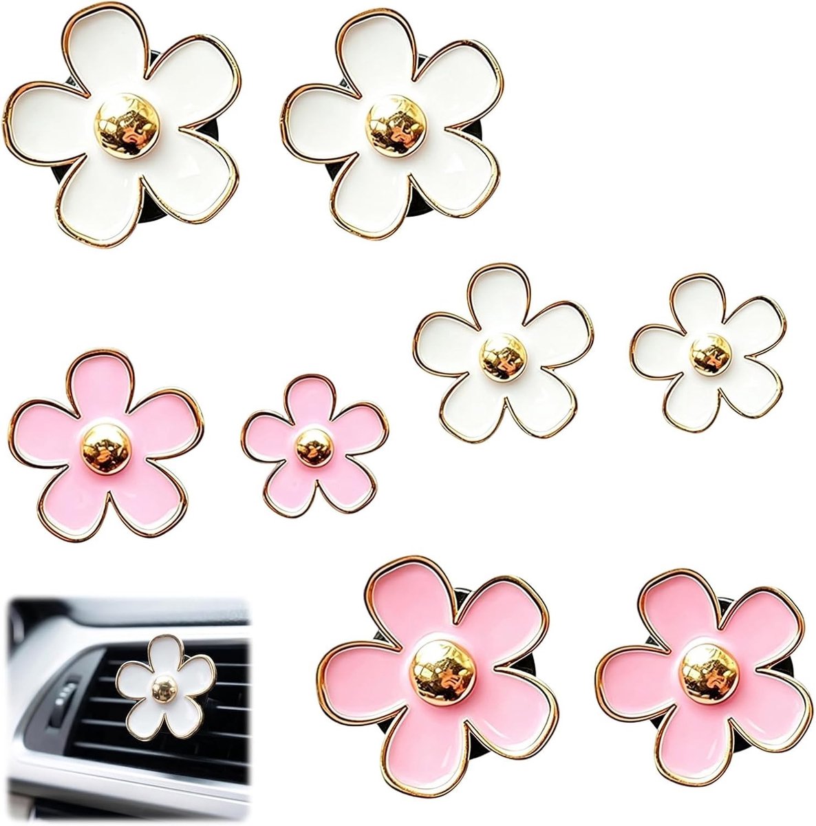 Set van 8 Luchtventilatie Clips voor Auto in Bloemvorm - 4 Witte en 4 Roze Luchtverfrissers met Aroma Pads - Auto Accessoires voor Vrouwen en Interieurdecoratie