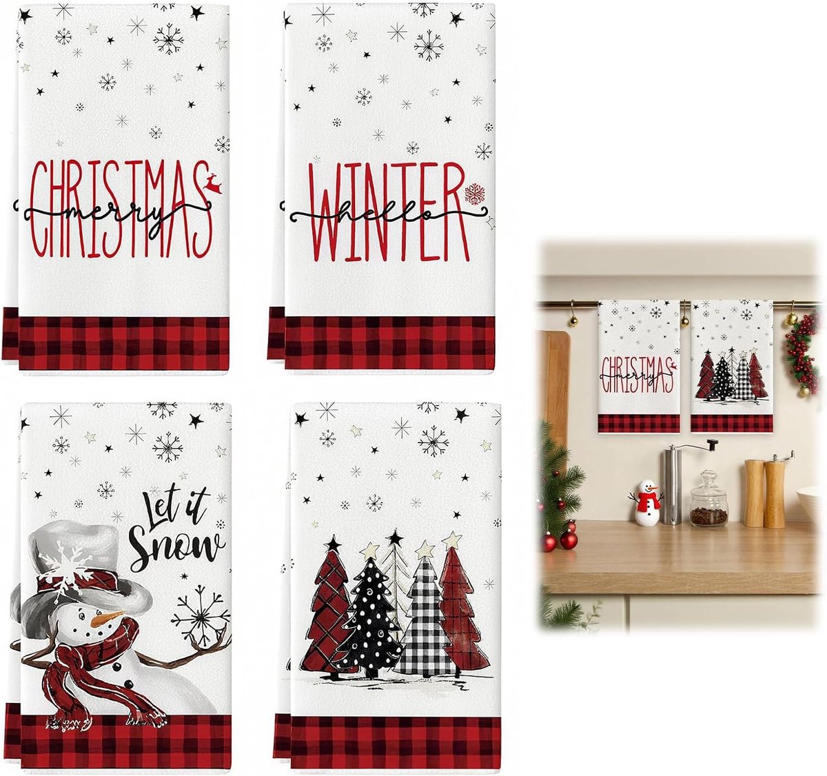 Kerstthema Keukenhanddoeken met Ruitpatroon en Sneeuwman, Perfect voor Feestdagen en Decoratie