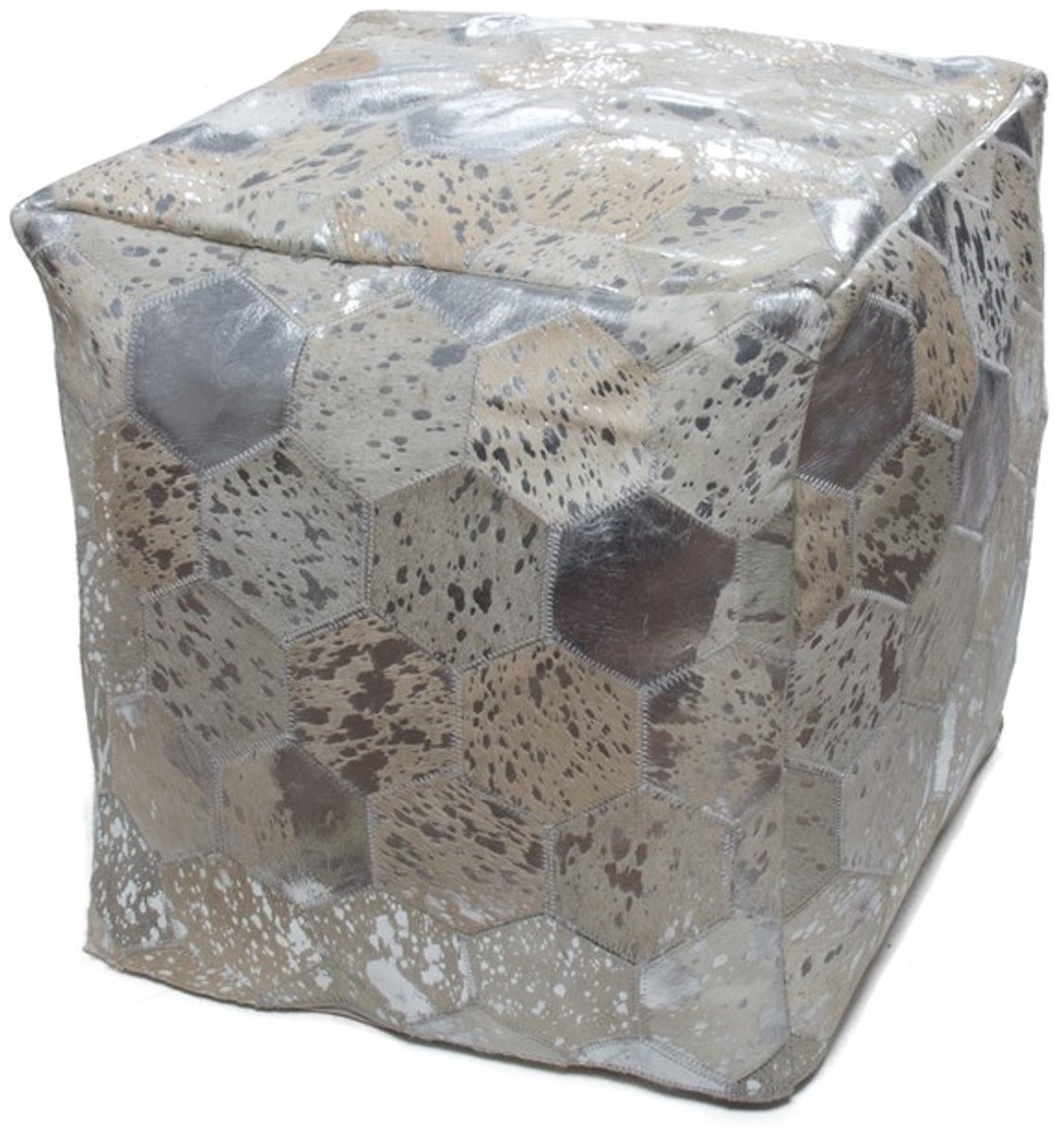 Padiro vierkante poef 45 x 45 x 45 cm - grijs en zilverkleurig - leer - handgemaakt met honingraatpatroon