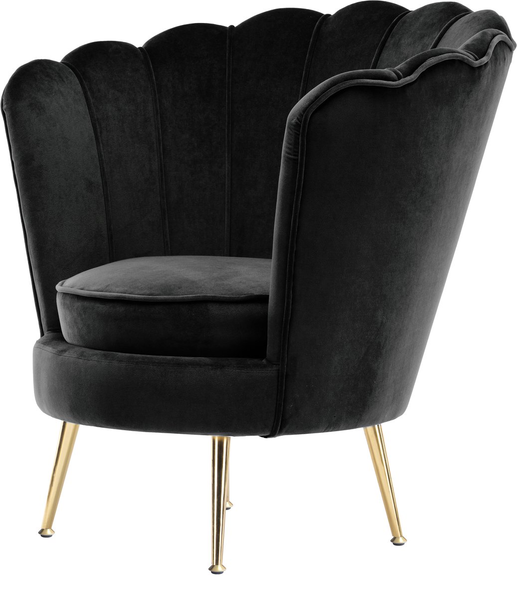 Padiro fauteuil 81 x 74 x 85 cm - zwart - fluweel - schelpvormige rugleuning en metalen poten