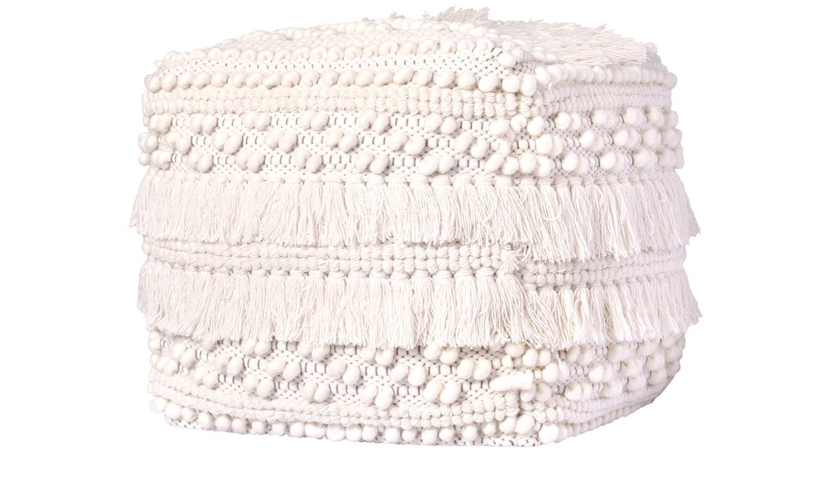 Padiro vierkante poef 50 x 50 x 45 cm - naturel - wolmix - bohostijl met franjes en kwastjes